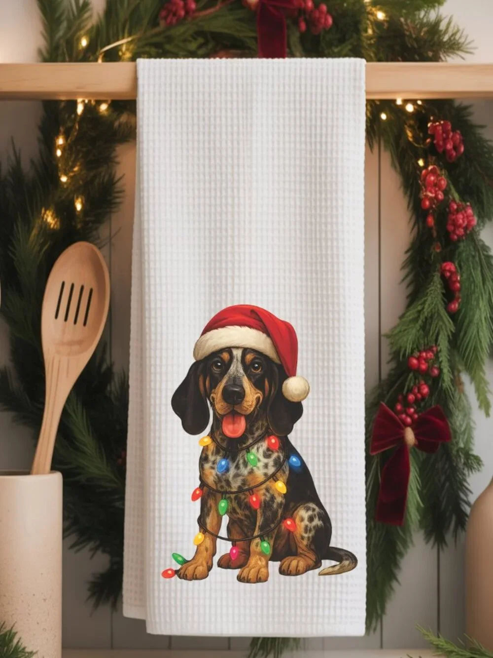 Blue Gascony Hound Christmas Lights Decorative Kitchen Tea Towel